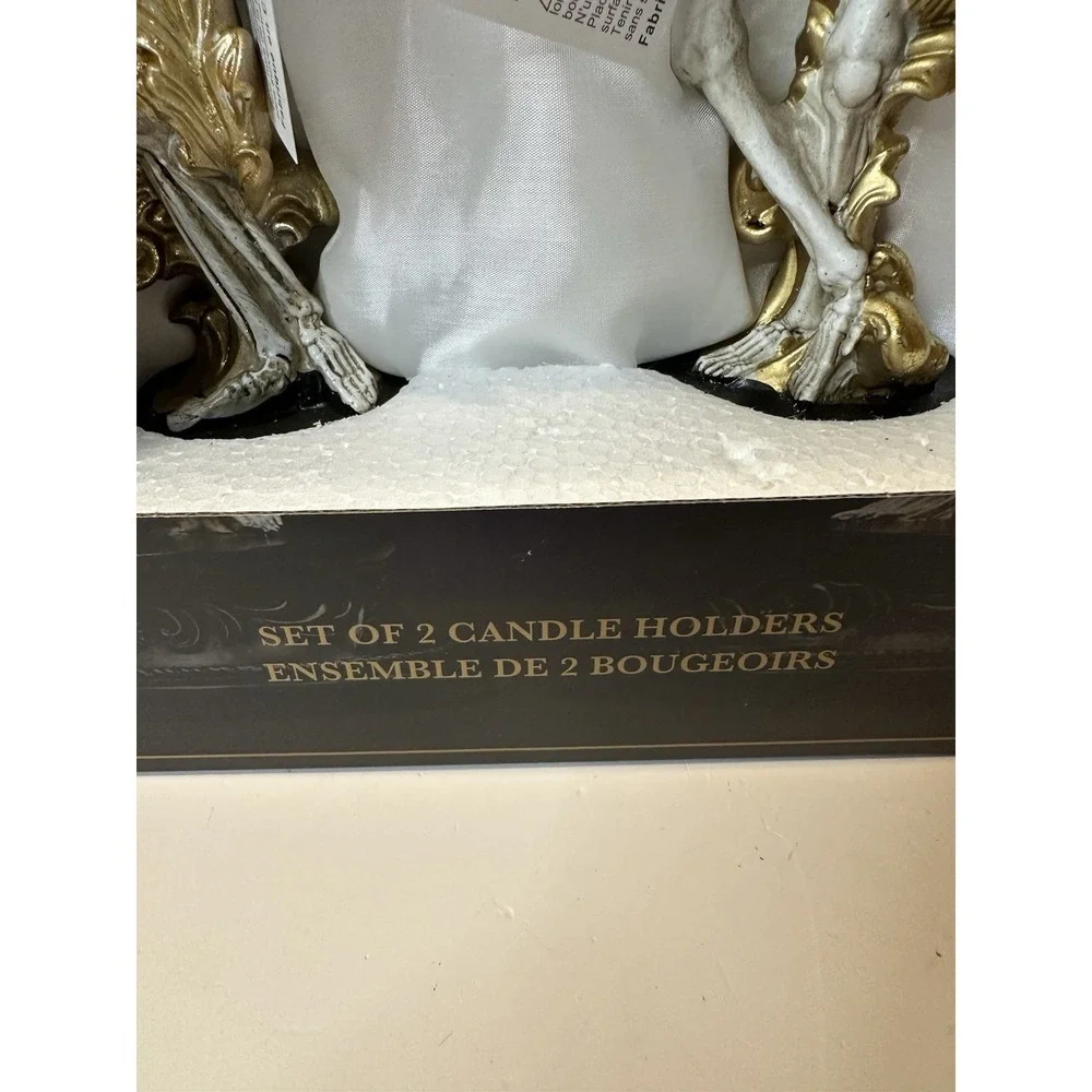 Christian Siriano Gold Skeleton Candlestick Holders Pair Halloween NEW IN BOX